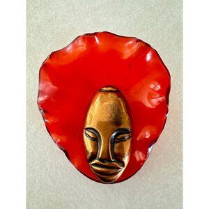 Elzac vintage 1940s Victim of Fashion red lucite copper face mask brooch pin